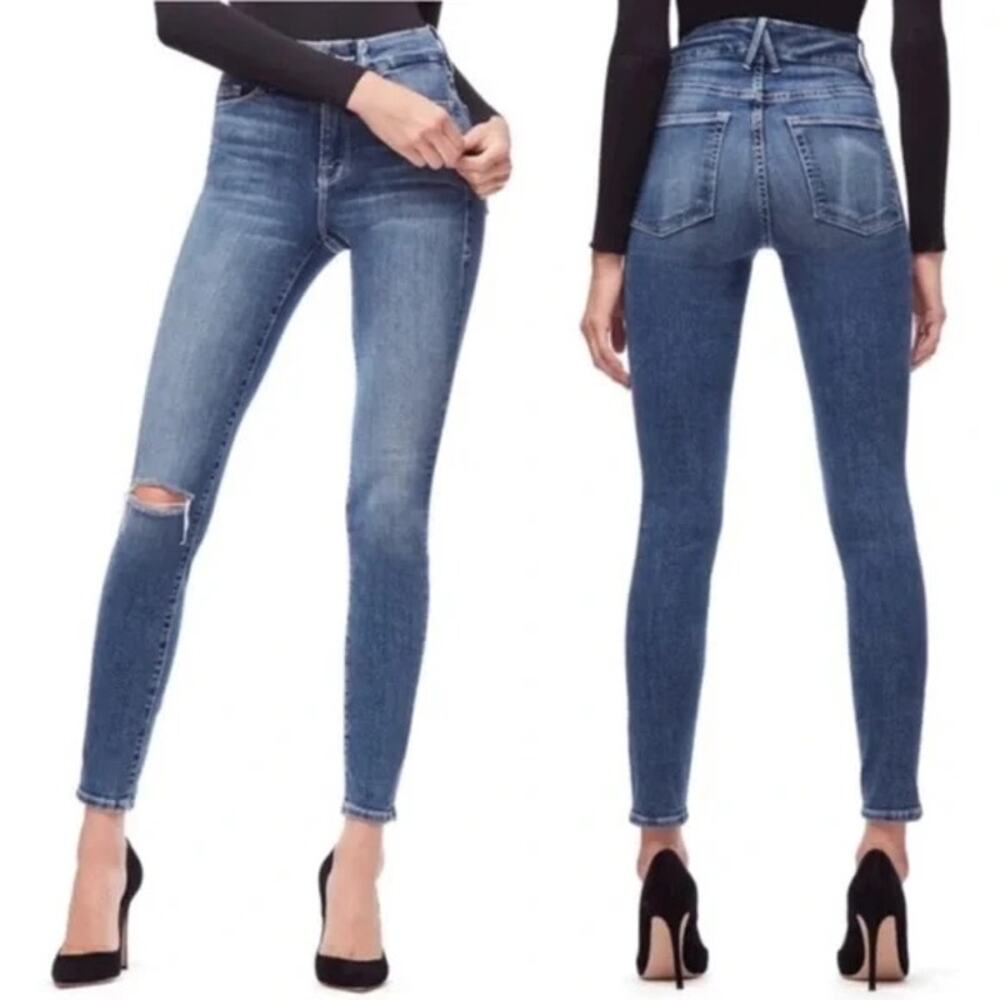 Good American Good Legs Skinny Jeans High Rise Distressed Cotton Blue 4/27
